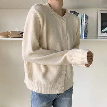 Cardigan Sweater Efterår Og Vinter 2020 O-Hals Enkelt Breasted Solid Vintage Strikket Trøje Til Kvinder Sweater Blå Frakke Khaki