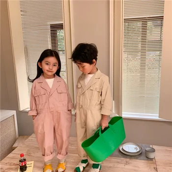 Foråret koreansk stil Drenge Og Piger Solid Farve One-Stykker Mode Unisex Børn Bomuld Løs Buksedragt med Lange Ærmer