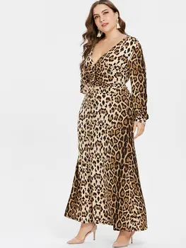 Joineles Plus Size Kvinder Kjole Med Leopard Print Med V-Hals Lange Ærmer Front Split Maxi Kjole Foråret Kvindelige Kjoler Feminino Vestidos