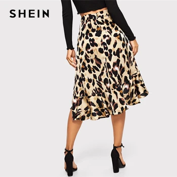 SHEIN Boho Sexet Flerfarvet Flæse Hem Leopard Print Asymmetrisk Skift Nederdel Dame 2019 Sommeren Afslappet Midten af Taljen Midi-Nederdel