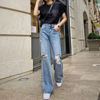 Sexet Foråret Hul Ripped Jeans Til Kvinder Af Høj Elastisk Lys Vasket Vintage Lige Bred Ben Bukser Femme Jeans Denim