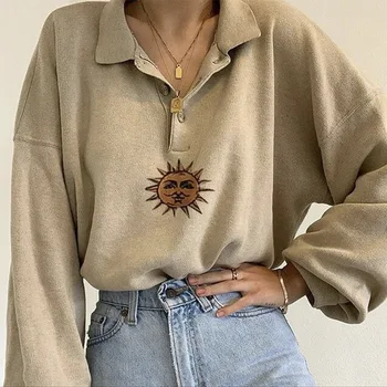Abrikos Vintage Solen Broderet Sweatshirt Kvinder POLO Krave Overdimensionerede Piger Ny Preppy Stil, Casual Streetwear Mode