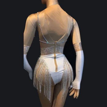 Nye Kvinder Sexet Frynser Trikot Nude Spandex trikot Rhinestones Kostume optræden, Dans Slid Sanger Pole dancing Bodysuit