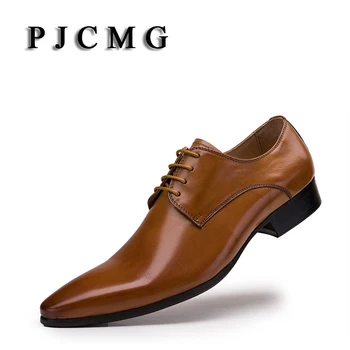 PJCMG Mode Brun/Sort Oxfords Herre Business Lace-Up Ægte Læder Spids Tå Kontor Kjole Formelle Herre Sedding Sko