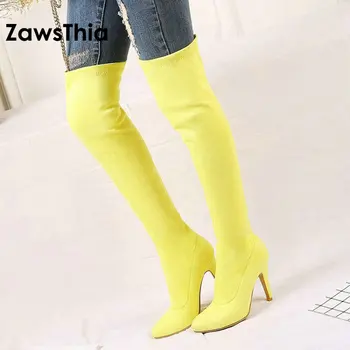 ZawsThia 2020 vinter farverig gul lilla pink tynd høj hæl kvinde sko over knæhøje støvler kvinder overknee støvler 33-45