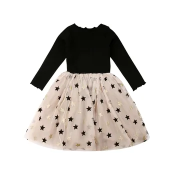 2020 Prinsesse Spædbarn Baby Piger Dress Efteråret Stjerne Print Blonder Patchwork Knæet Længde Tutu Kjole Part Clubwear 2-7Y