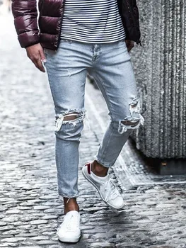 Mænd er ensfarvet Jeans 2021 Nye Mode Tynde Blyant Bukser Casual Sexy Rippet Streetwear Designer