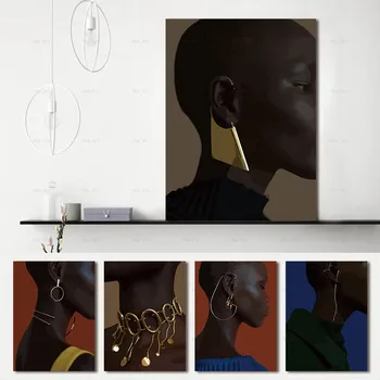 Væggen Billedet Plakater Udskriver Sort Kenya Kvinde med Gylden Halskæde Øreringe Afrikansk Kunst, Maleri, Lærred, Home Decor Drop Shipping