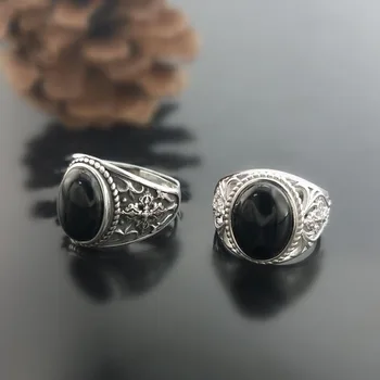 Ren 925 Sterling Sølv farve Naturlige Oval Sort Onyx Sten Ring Til Mænd, Kvinder Vintage thai sølv Oprindelige Design Smykker Gave