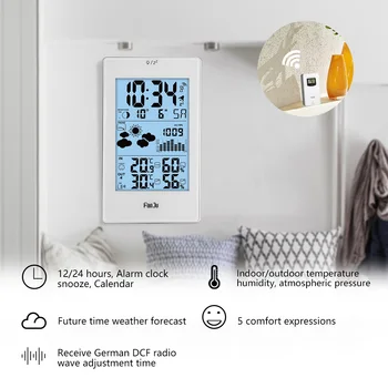 FanJu FJ3352 vejrstation Med Barometer Prognose Temperatur Luftfugtighed Trådløse Udendørs Sensor Alarm og Snooze Digitalt Ur