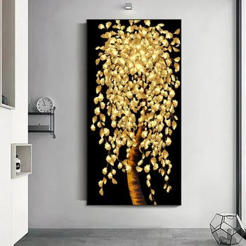 Abstract Gyldne Kunst Blade og Penge Tree Olie på Lærred Maleri Plakater Udskriver Væg Kunst, Billeder, Stue Indretning Cuadros