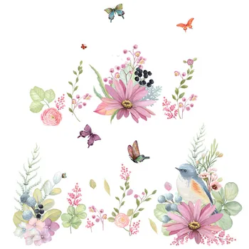 Aftagelig Farverige Blomster, Fugl Wall Stickers Romantisk Soveværelse Dekoration I Stuen Døren Mærkat Dekorative Tilbehør Til Hjemmet