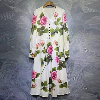 SEQINYY Vintage Midi Kjole Sommer Forår Nye Mode Design til Kvinder Banen Høj Kvalitet Rose Blomster Print Knapper Elegant