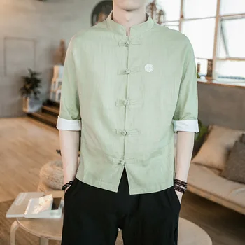 2019 Kinesisk stil shirt vind bomuld foråret efteråret broderi tang passer korte ærmer hør materiale bakke knap tøj