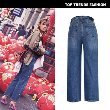 2020 Kvinder, Høj Talje Pearl Denim Jeans Fuld Længde Lys Vask Streetwear Bomuld Bred Ben Bukser med Lomme Størrelse S M L XL 2XL