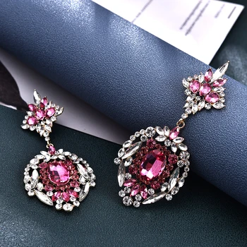 Ztech Nye Store Rose Rød Farve Rhinestone Lange Store Krystal Dråbe Dingle Øreringe, Mode Smykker Tilbehør Til Kvinder