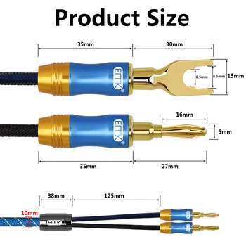 EMK HiFi Banan Kabel-Y-Kabel Skrue Spade Kabel 3m 5m 4mm Stik Hifi flettet Nylon på 99,99%OFC for Højttaler Forstærker Kabel