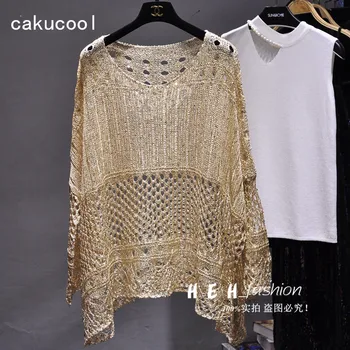 Cakucool Guld Lurex Sommer Bluse Shirt Lang Batwing Bøsning O-hals Hule Strik Top Løs Boheme Design Store Shirts Blusa