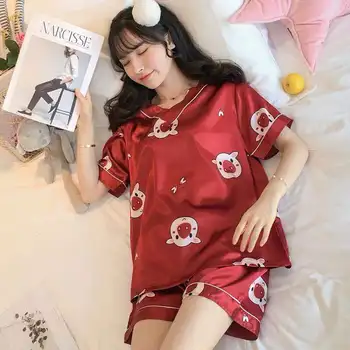 Sommer Cool Kvinders Pyjamas Sæt med Blomster Print Mode Luksus Kvindelige Faux Silke To Stykker Shirts + Bukser Nighties Nattøj