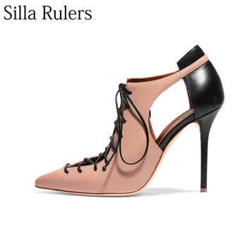 Silla Herskere Sexet læder på tværs af kniplinger op spidse tå høje hæl pumper kvinder rom tynd hæl dame sandaler Hule Enkelt sko