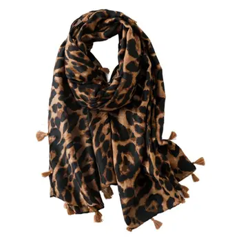 Vintage Leopard Bomulds Tørklæde Kontrast Farve Kvaster Overdimensionerede Store Sjal Wrap