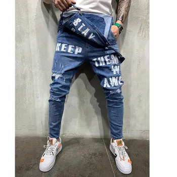 2020 Mænds Breve Udskrivning Hip Hop Jeans Slim Mænds Ripped Jeans, Jumpsuits Street Nødlidende Denim Overalls Overalls For Manden