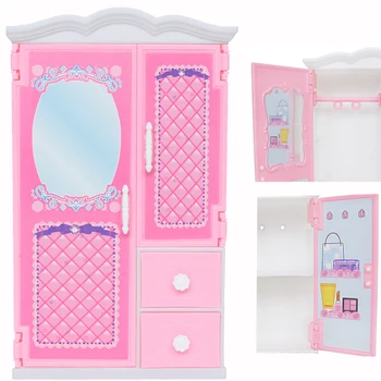 1 sæt Mini Plast Garderobe med Spejl Skuffe Pink Prinsesse Soveværelse Dukkehus Møbler, Tilbehør Skab til Barbie Dukke Toy