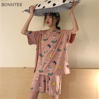 Pyjamas Sæt Kvinder Sommeren Nye Trendy Simple Koreanske Sød Trykt Løs Skolepiger Homewear Kawaii Fritid Blød Dame Nattøj