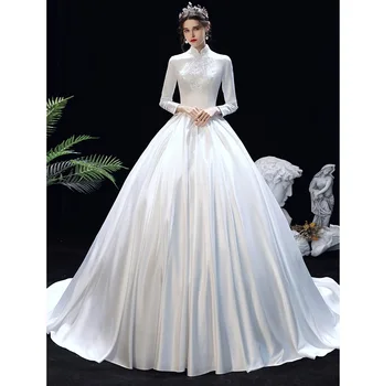 Brude BRUDEKJOLE luksus satin white wedding kjoler med LANGE ÆRMER PLUS SIZE-års-ceremonien Muslimske bryllup KJOLE