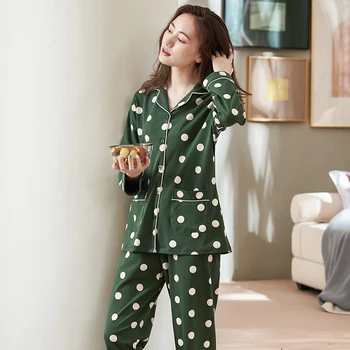 Kvinder Polka Dot Nattøj Passer til Efteråret Bomuld med Lange Ærmer Prinsesse Pyjamas Casual Cardigan Homewear Plus Størrelse M-3XL Pijamas Mujer