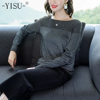 YISU Tynd Sweater Kvinder ' s O-Hals Sweater Kvinder 2019 Foråret Efteråret Løs Pullover Casual Lyse silke Solid Trøjer Kvindelige