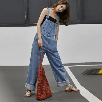 Vasket Denim Buksedragt Kvinder 2019 Sommer Efterår Løs Lige Japan Koreansk Stil Damer Lange Heldragt Pige Casual Jeans Rompers
