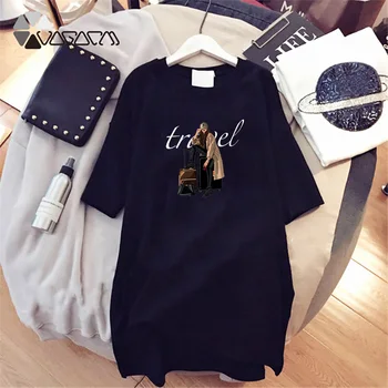 2020 Mode Tshirt Kjole Tegneseriefigur Print Kvinder Kjoler Sommer Kort Ærme Løs Afslappet Mini T-Shirt Kjole Black