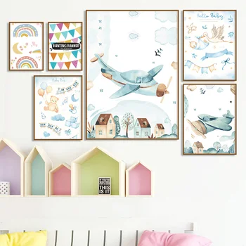 Tegnefilm Fly Bird House, Rainbow Væg Kunst, Lærred Maleri Nordiske Plakater Og Prints Væggen Billedet Til Pige, Dreng, Kids Room Decor