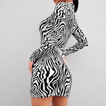Kvinder Mini Kjole 2019 Efteråret Lange Ærmer Bodycon Casual Foråret Slankende Zebra Mønster Print Elegant Temperament Kvalitet Kjoler