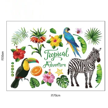 Zebra Papegøje Tropisk Plante-Dyr Wall Sticker Til Boligindretning Tegnefilm Safari Vægmaleri Kunst Diy Kids Room, Soveværelse Vægoverføringsbilleder