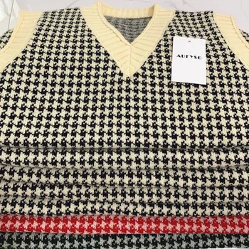 Uld Sweater Vest Kvinder 2020 Vinter Koreanske Vintage Houndstooth Geometriske Plaid V Neck Pullover Uden Ærmer Vest Jumper Top
