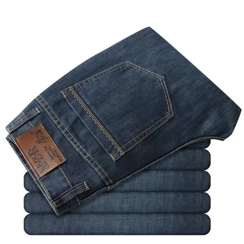 32-52 Stor Størrelse Klassiske Baggy Mænd Jeans 2019 Forår Og Efterår Mandlige Casual Solid Lige Lynlås Lange Strækning Varsity Denim Bukser