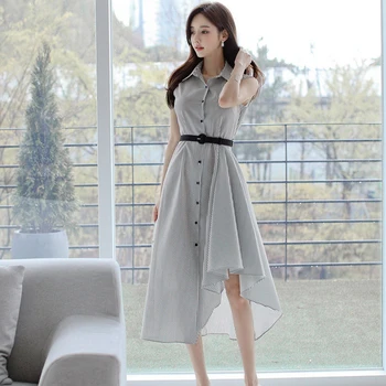 Nye ankomst mode koreansk stil party dress kvinder elegant sommer sexet temperament stribet frisk asymmetrisk lang kjole