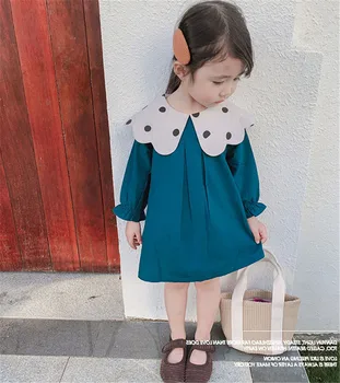 2021 Foråret Efteråret Piger Sød langærmet Prinsesse Kjole Børn Børn Dot Turn-down Krave Casual Kjoler koreansk stil