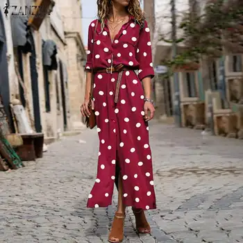 ZANZEA Kvinder Lang Maxi Kjole Boheme Vestidos 2021 Mode-Polka Dot Trykt Revers Knapper Sundress Party Kjoler Plus Size 5XL