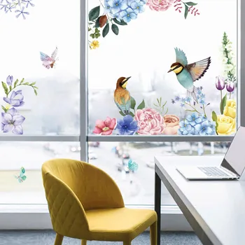 1STK Blomst Fugl Glas 3D wallsticker Selvklæbende Mærkat med Køleskab Klistermærker Vægmaleri Stue Garderobe Toilet Badeværelse Soveværelse Indretning