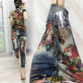 Malet Bronzing Jeans Kvinde 2020 Foråret Efteråret Denim Blyant Bukser Nye Kvinder 3d Blomster Print-Jeans Bukser Femme