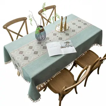 Mode Stribe Design Solid Dekorative Linned Dug Med Kvaster Rektangulære Bryllup Spisebord Dække Te Dug