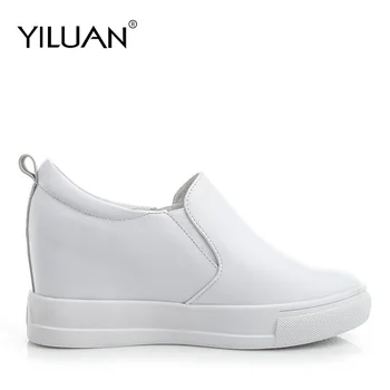 Yiluan 2019 foråret efteråret ny Ægte Læder kvinder casual Pumper sko øget hvide platform sko wedges fod Loafers