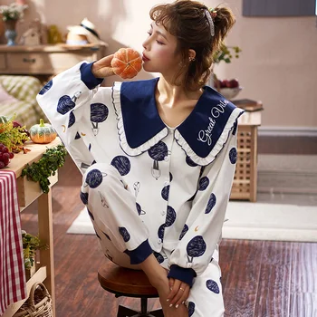 VCAKE Pyjamas Sæt Kvinder Bomuld Harajuku kvinders hjem passer til plus size passer Efteråret Suit blå Nattøj Tøj nattøj til kvinder