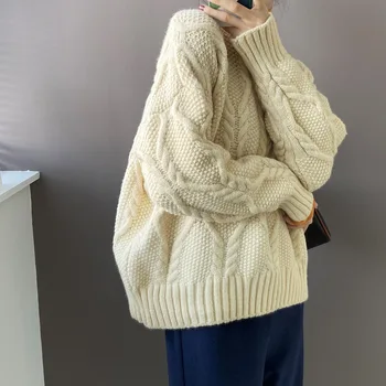 2020 Efterår Og Vinter Nye Kvinder Varmt, Blødt Voksagtig God Tekstur Twist O-Neck Design Overdimensionerede Pullover Sweater Mode Smarte Top Kvinde
