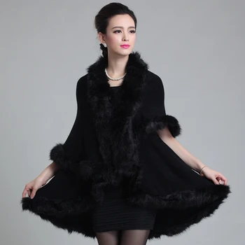 Kvinders Pels Kappe Sjal Vinter Varm Store Størrelse Dobbelt Lag Cardigan Efterligning Fox Fur Coat Kvinder Outwear Kappe Poncho