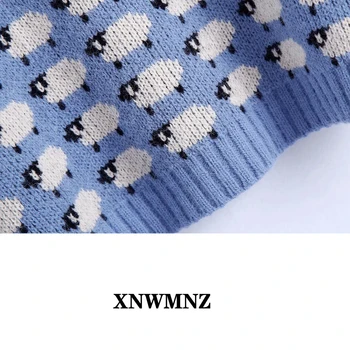 XNWMNZ Za girls Fashion jacquard strik sweater Kvindelige Rund hals sweater med lange ærmer og ribbede trim kvinder smarte top