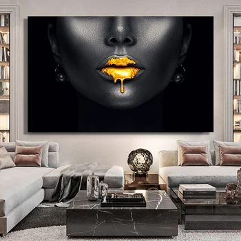 Sort Afrikansk Kvinde Portræt Plakat Lærred Maleri Golden Læber Plakater og Prints Væg Kunst Billedet Cuadros til stuen